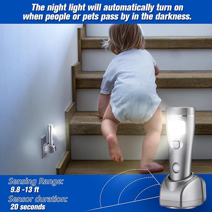 Enhon 4 in 1 LED Rechargeable Plug in Flashlights, 6 Pack LED Emergency Lights for Home Power Failure Emergency, Plug in Power Outage Light, Power Failure Light with Motion Detection (Silver)