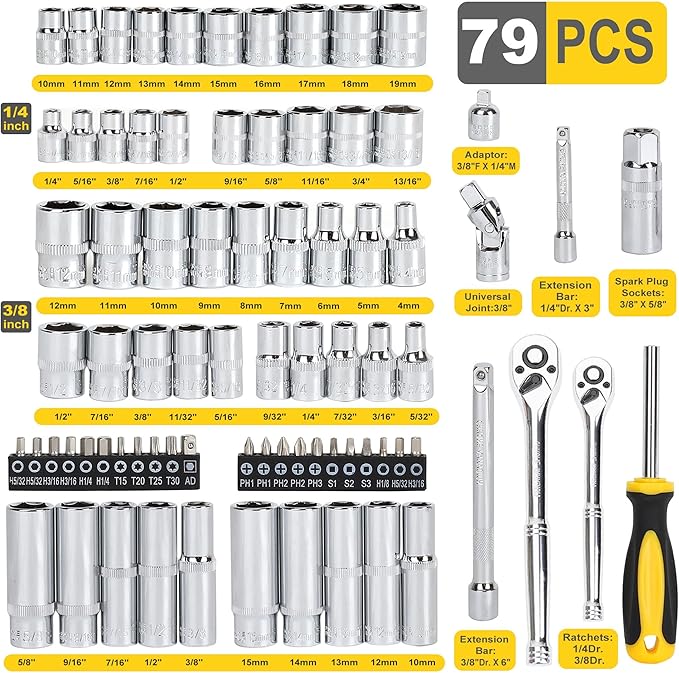 TOPLINE 79-Piece 1/4” & 3/8”Drive Impact Socket Wrech Set, 6-Point Socket Set, Metric, SAE CR-V Sockets with EVA Foam Tray for Bench Storage, Deep & Standard Mechanic Tool Set for Home Maintenance