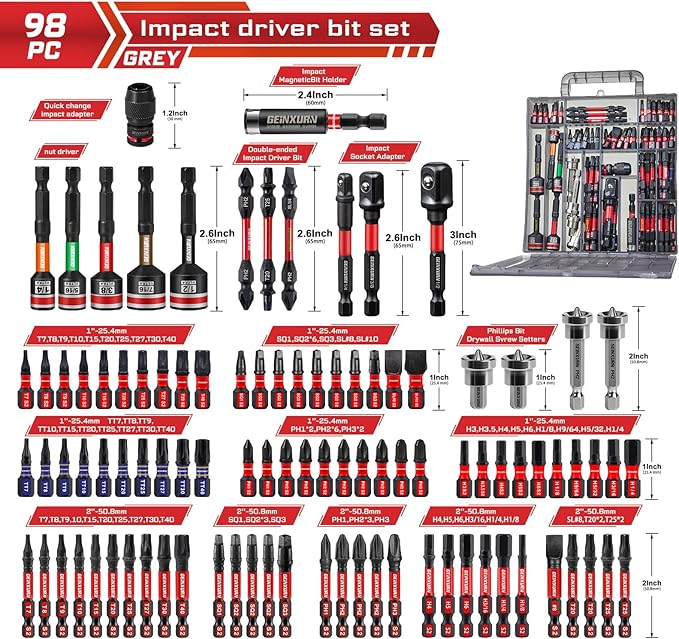 98Pieces 1”/2” Impact Screwdriver Bits Set, Magnetic S2 Steel (Phillips/Slotted/Square/Torx/Hex/Security Torx) Driver Bits Tips,Impact Bit Holder and Nut Driver with Grey Storage Box Case
