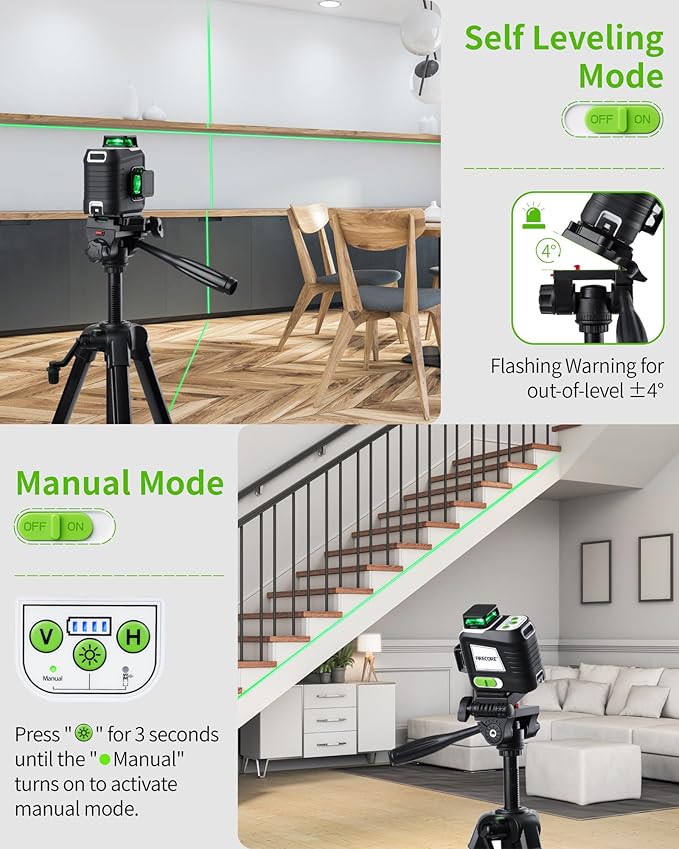 Laser Level 360 Self Leveling with 60" Tripod, Firecore 3 X 360° Rechargeable Green Lazer Leveler Tool for Picture Hanging Wall Tile Construction, 2 Battery Packs and Magnetic Bracket Included