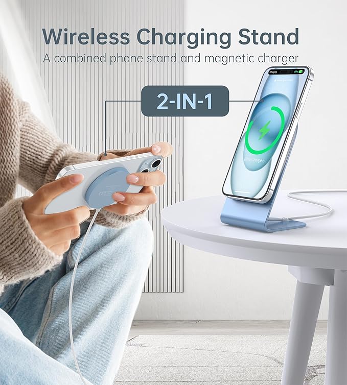 Magnetic Wireless Charger with Aluminum Charging Pad Stand Compatible with iPhone 16/15/14/13/12 Series，20W PD Charger&5ft Cable Included, Blue
