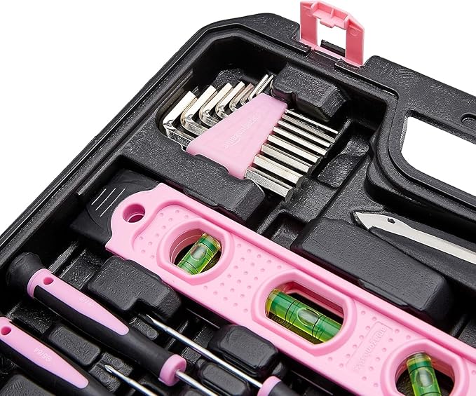 Amazon Basics Household Tool Kit With Storage Case, 142 Piece, Pink, 13.39 x 9.25 x 2.95 inch