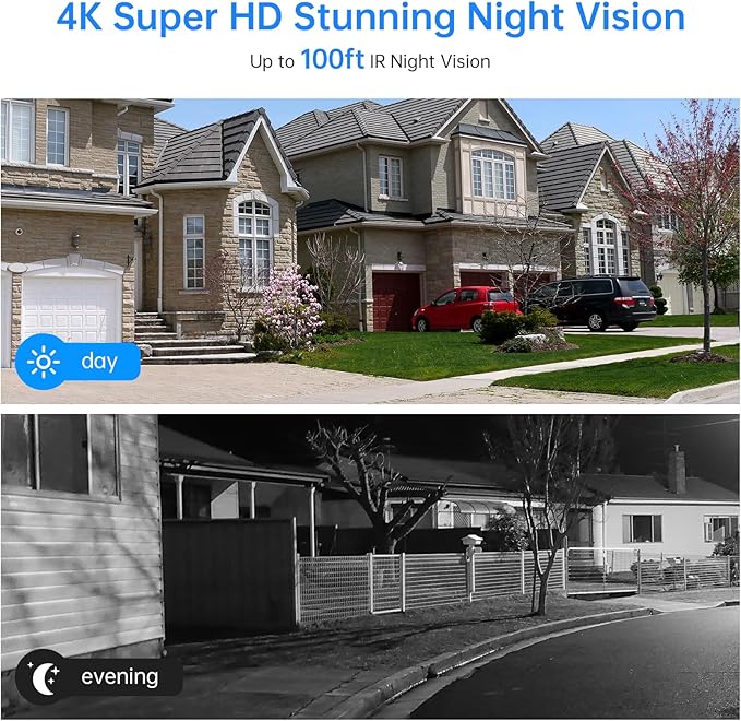 4K Security Camera System, 4pcs 2K PoE Wired Turret Cameras with Human Detection and 2 Way Talk, Color Night Vision, 8MP 4CH NVR with 1TB Hard Drive for 24/7 Local Recording, No Subscription