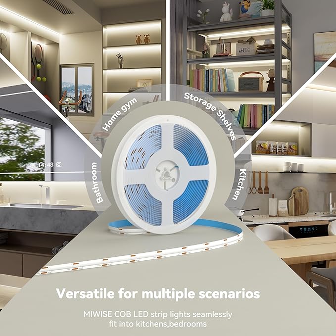 MIWISE COB LED Strip,4000K Natural White 32.8ft/10m,Dimmable Super Bright 24V LED Strip Light,CRI 90+ Flexible Tape Light with RF Remote Timer Function,for Home/Cabinet/Bedroom/TV DIY Lighting Project