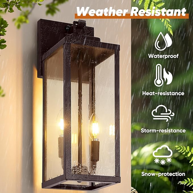 BesLowe 18” Upgraded Motion Sensor Outdoor Wall Lights, Dusk to Dawn Porch Lights Outdoor Wall Sconces, 3 Lighting Modes Exterior Lighting Fixtures with Hooks, Brown Outside Lights for House, 2-Pack