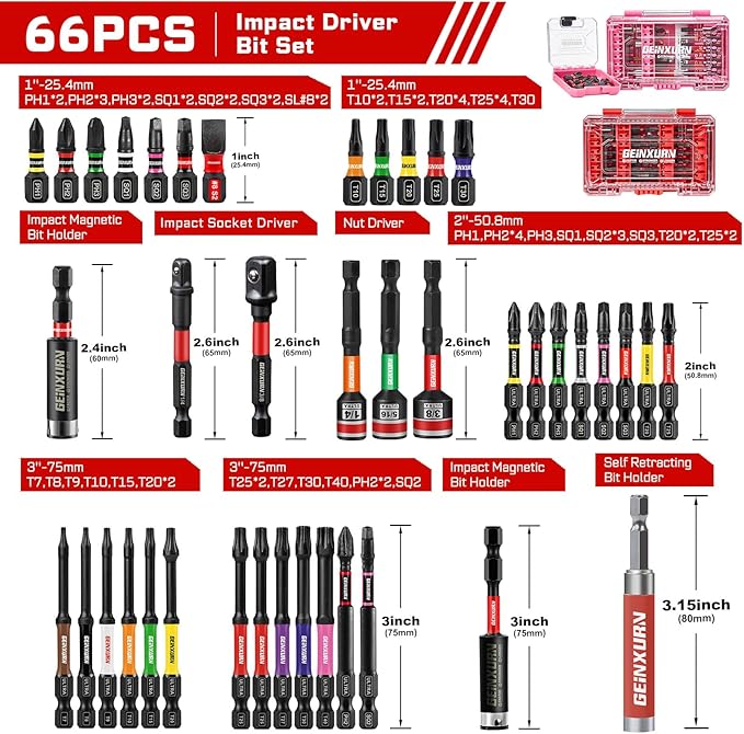 66Pieces Impact Screwdriver Bits Set, Magnetic S2 Steel 1”/2”/3” Phillips/Square/Torx/Slotted Bits Tips,Impact Bit Holder and Nut Driver with Storage Box Case