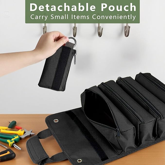 Roll Up Tool Bag Organizer, Tool Bags for Men, Tool Roll Bag with 2 Detachable Zipper Pouches, Heavy Duty Tool Bag for Dad Birthday, Father’s Day Gifts, Handyman or RV Owners (Black)