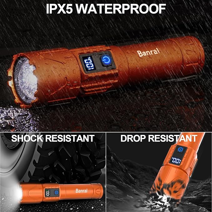 Rechargeable Flashlights High Lumens - Super Bright LED Tactical Flash Light, Powerful Waterproof Handheld USB C Flashlight for Camping,Emergencies,Home,5 Modes,Zoomable (1, Orange)