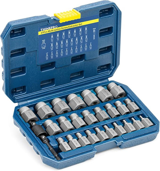 27PCS Screw Extractor Set, Easy Out Bolt Extractor kit with 3/8" Inch Drive Hex-Head, Multi-Spline Rounded Bolt Remover tool for Removing Damaged Studs, Bolts, Screws