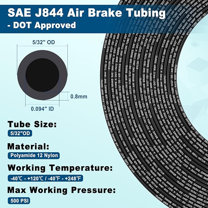 50FT 5/32 DOT Air Line SAE J844 PA12 Nylon Air Hose with Cutter 5/32” OD Pneumatic Tubing DOT Approved 5/32 Air Brake Line for Air Suspension Kit Truck Brake System & Fluid Transfer 15.5m