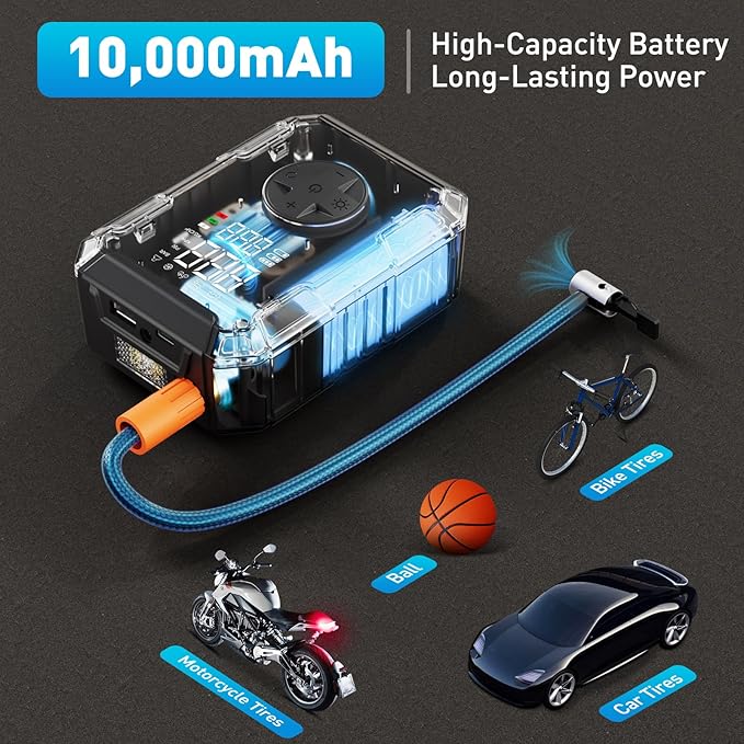 Tire Inflator Portable Air Compressor – Wireless & 12V Dual Power, Auto Shut-Off, Digital Display, Fast Inflation & LED Light, for Car, Bike, Sports & Travel