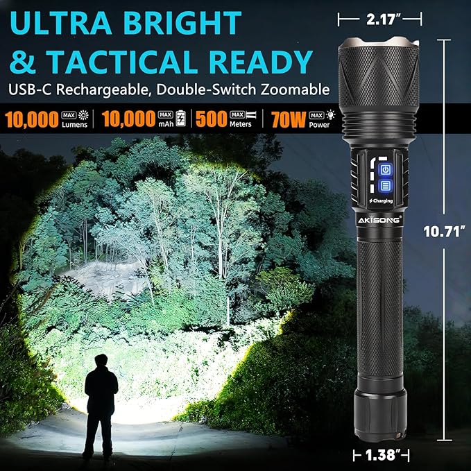 USB-C Rechargeable Flashlights 10,000 High Lumens, Super Bright XHP360 LED Flashlight with Zoomable, Powerful Handheld Tactical Flash Lights, Dual-Switches Waterproof for Emergency Camping