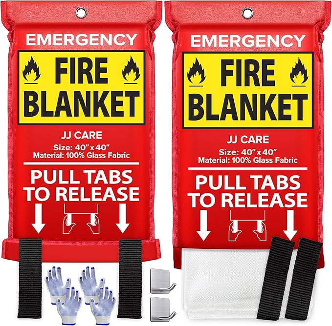 JJ CARE Fire Blanket – 2 Packs with Hooks and Gloves – Emergency Fire Blanket for Home & Kitchen, High Heat Resistant Fire Suppression Blankets for Home Safety, Kitchen, and Camping