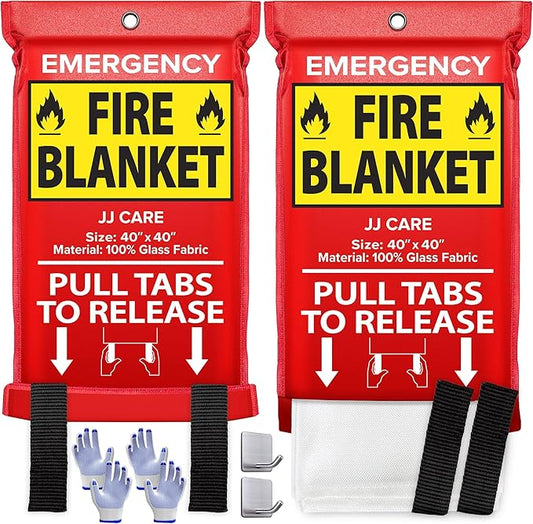 JJ CARE Fire Blanket – 2 Packs with Hooks and Gloves – Emergency Fire Blanket for Home & Kitchen, High Heat Resistant Fire Suppression Blankets for Home Safety, Kitchen, and Camping