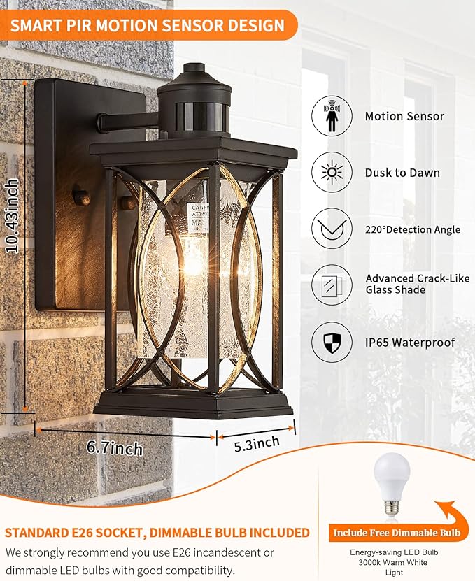 Motion Sensor Outdoor Wall Light with Dimmable Bulb, Modern Dusk to Dawn Exterior Light Fixture Wall Mount Porch Light Black with Crack-Like Glass Coach Lantern for House Garage