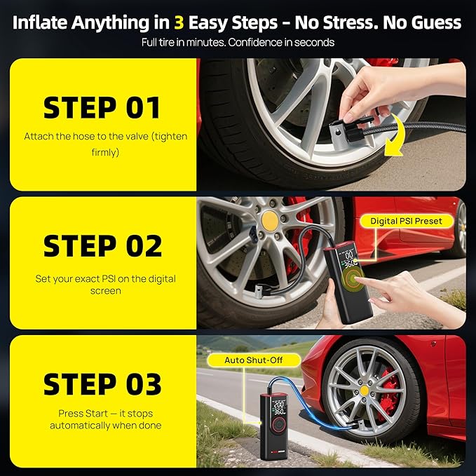 Tire Inflator Portable Air Compressor-3X Faster Inflation, 150PSI Air Pump for Car Tires with Digital Pressure Gauge/LED Light, Portable Tire Inflator for Car, Motorcycle, Bike, Ball