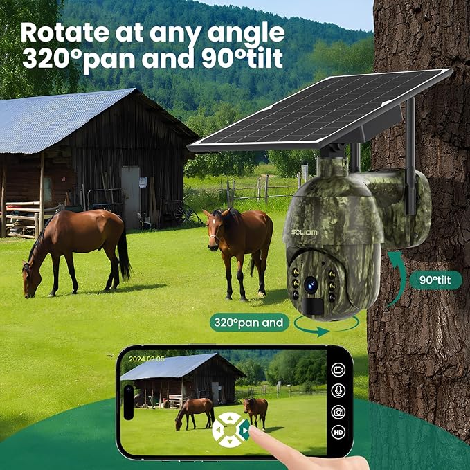 SOLIOM S600 4G LTE Cellular Security Cameras Wireless Outdoor, Solar Security Camera with Pan Tilt 360°View, 2K Full Color Night Vision, Unlimited Data Plan, PIR Motion Sensor, 2 Way Talk, Camo