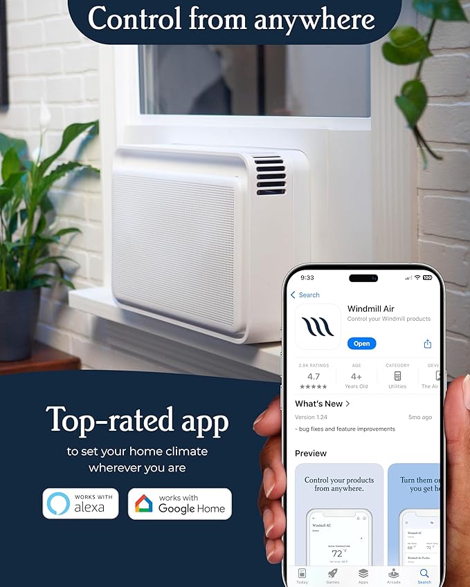 Windmill 12,000 BTU Inverter Window Air Conditioner with WhisperTech - Ultra-Quiet & Smart, Cools up to 550 Sq. Ft. - Easy Install, App/Wi-Fi, Voice-Enabled, Remote Control, High Energy Efficiency