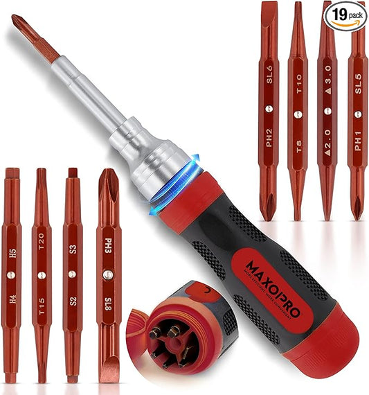 Ratcheting Screwdriver Set with Magnetic Tips - 19 In 1 Ratchet Multi Screwdriver - Portable and Multipurpose All In One Screwdriver, Phillips//Torx-Star/Hex/Square Bits