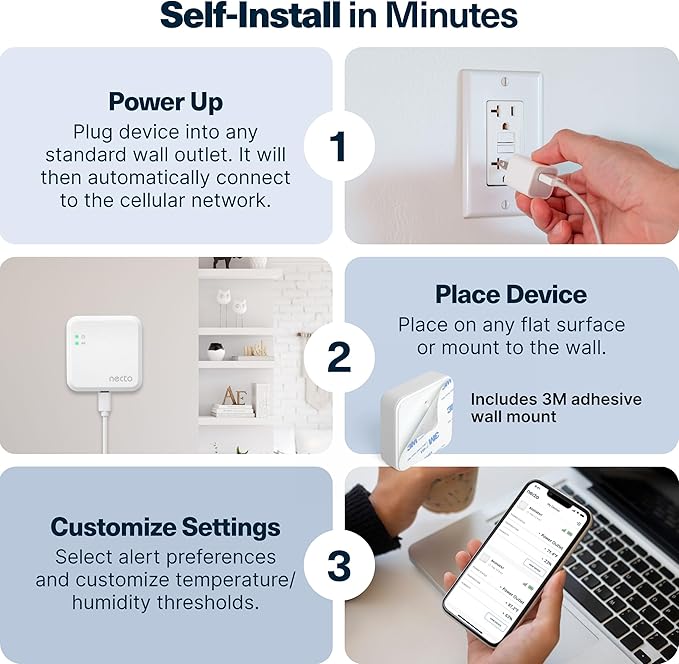 Necto RV Pet Temperature Monitor - No WiFi Required - Remote Power Outage & Temp Sensor with App Alerts. Cellular Monitoring System for Car, Home Safety & Server Room (Subscription Required)