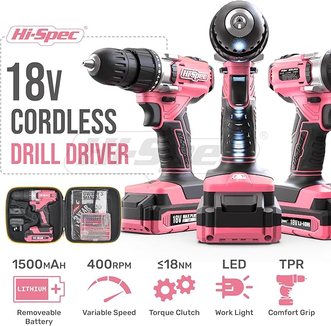 Hi-Spec 58pc 18V Pink Womens Cordless Electric Power Drill Driver and Screw Bit Set in a Portable Case for Wood, Plastics, Drywall and Light Metal Drilling