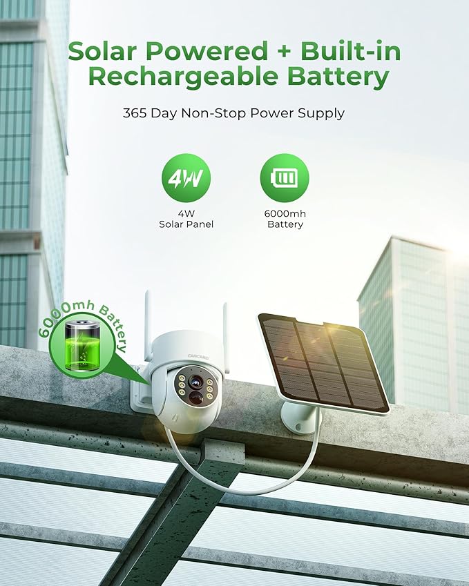 CAMCAMP 2K PTZ Wireless Solar Security Camera Outdoor for Solar Powered Home Security Camera Wireless System, No WiFi Need, Color Night Vision PIR Motion Detection App Alert 2-Way Talk IP66 Waterproof