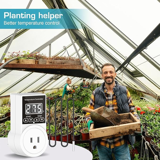 Digital Thermostat Plug Socket, Only Celsius Display LCD Screen Temperature Controller with Waterproof Sensor Probe, Heating Cooling Temperature Switch Outlet for Reptile Greenhouse Terrarium
