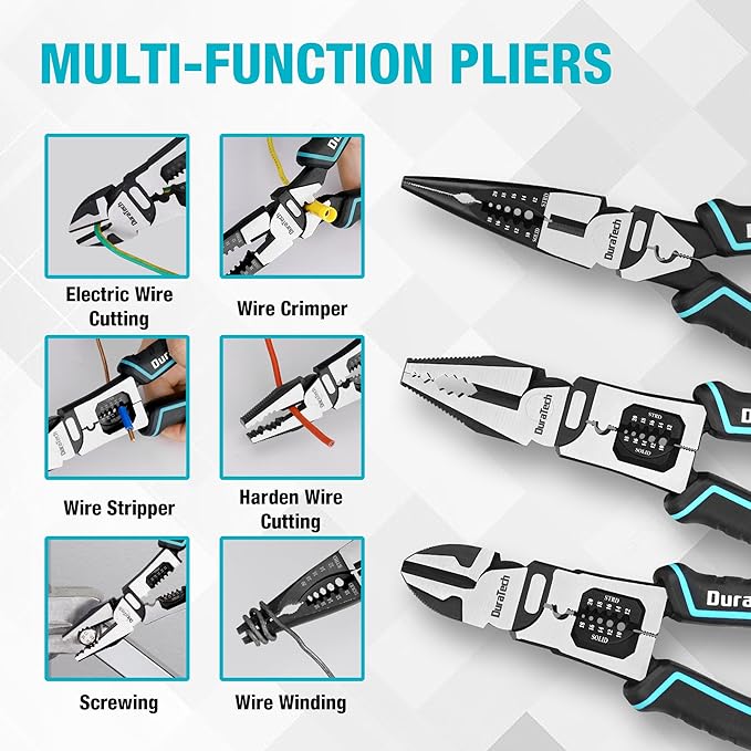 DURATECH 3PCS Pliers Set, Large 6 in 1 Multifunctional Wire Stripper Crimper Cutter, 8.5" Long Nose Pliers, 8.5" Linesman Pliers, 8" Diagonal Side Cutting