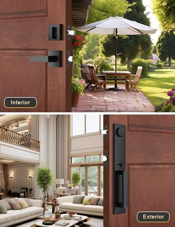 Front Door Lock Set, Full Escutcheon Front Door Handle Sets, Heavy Duty Entry Door Lock Sets with 3 Keys, Door Locks with Deadbolt Lever Handle