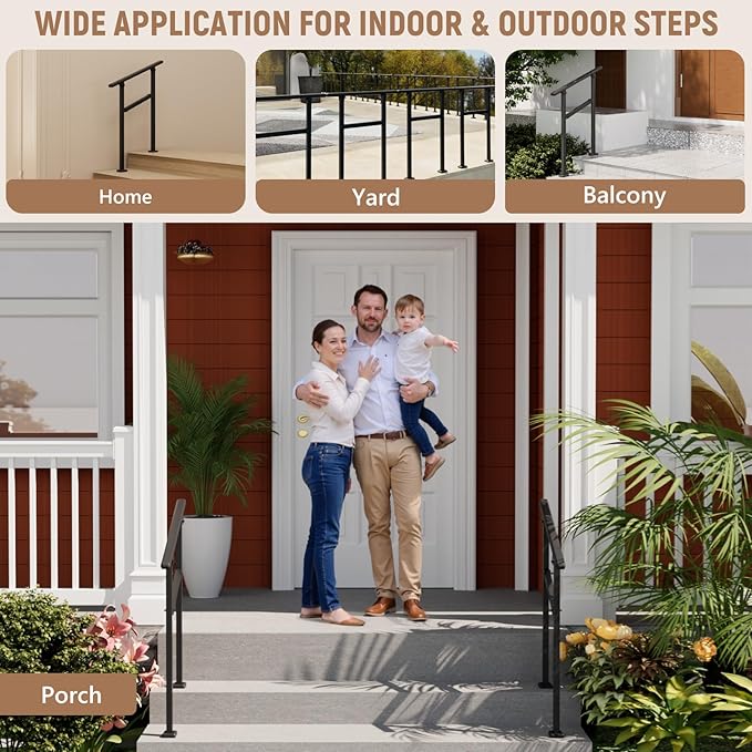 Hand Rails for Outdoor Steps,1-2 Step Railing for Stairs,Adjustable Porch Railing,Hand Rails for Seniors,Outdoor Deck Handrails for Exterior Steps,Black