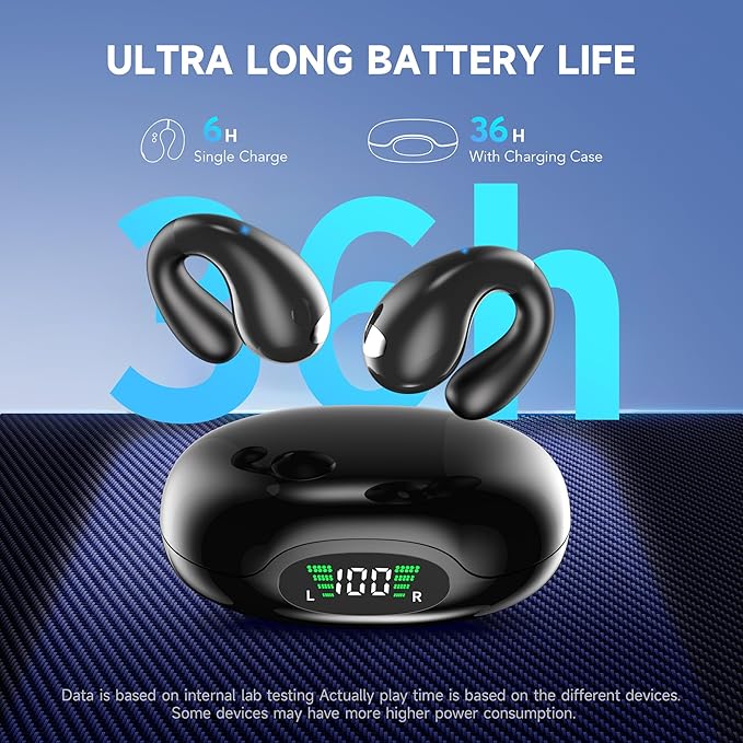 Open Ear Earbuds Wireless Bluetooth 5.3 Earphones, Flexible Clip On Ear buds with 36H Playtime LED Display Bone Conduction Headphones, IPX7 Waterproof Light Weight Fit for Every Ear, Sport, Workout