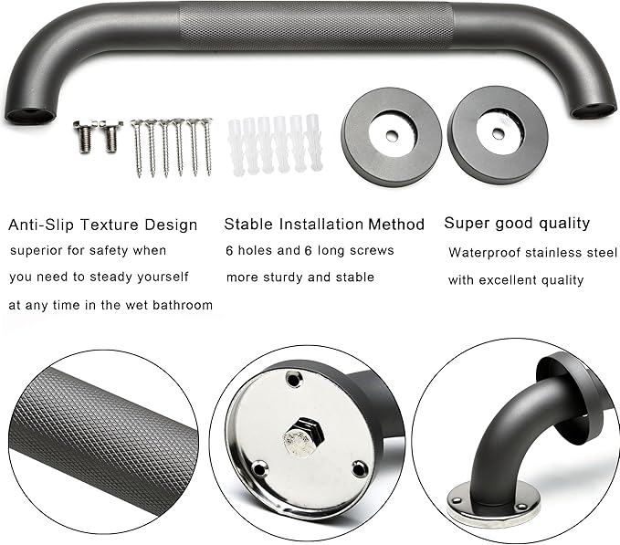 Shower Grab Bar, 2 Pack 12 Inch Gray Bathroom Grab Bar, 1.25" Diameter 304 Stainless Steel Anti-Slip Grab Bars for Bathtubs and Showers, Handicap Shower Grab Bar for Seniors Elderly