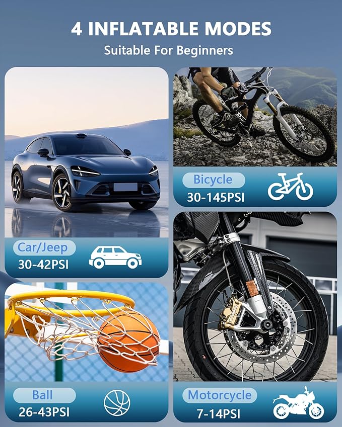 Tire Inflator Portable Tire Compressor, Cordless Tire Inflator with LED Light for Car Motorcycle Bicycle Ball, Car Accessories Essential for Men, 150PSI 12V DC Air Tire Pump with Gauge