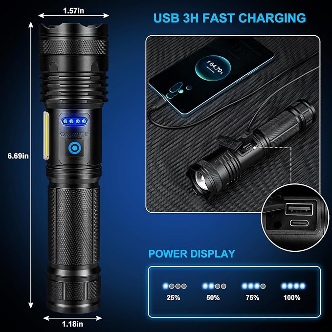 Alicegirl Rechargeable Flashlights High Lumens, 99000LM Super Bright Flashlight, Adjustable Powerful Flash Light with 8 Modes & COB Light, Waterproof Handheld Flashlight for Home Camping