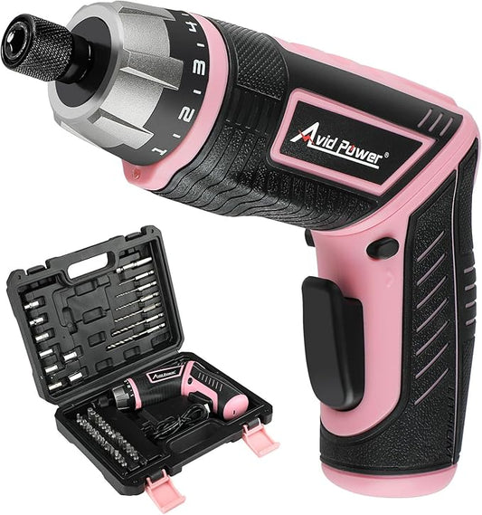 AVID POWER Electric Cordless Screwdriver Set Rechargeable 4V Power Screwdriver Kit with 44pcs Accessories, 5.65Nm Screw Gun, 5+1 Torque Setting, 2 Position Handle with LED Light - Pink Tools for Women
