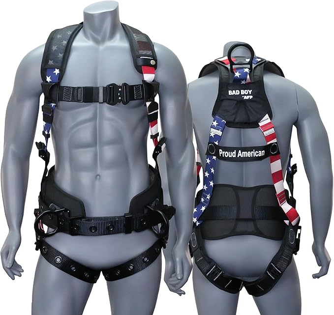 AFP Fall Protection Full-Body Premium Safety Harness, 8” Thick Support Belt, Aluminum D-Rings, Tongue Buckle (OSHA/ANSI PPE)