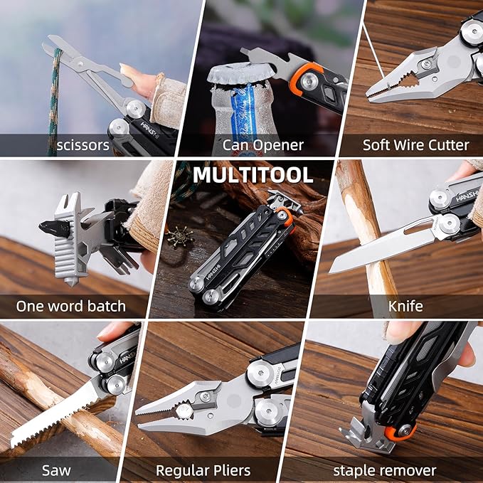 HANSHI Multitool Pliers, 22-in-1 YG10 Tungsten Steel Multi Tool with Scissors,Replaceable Wire Cutters, Flint, Window Breaker, Back Clip,Ideal for Camping, Survival and Gift(Black)