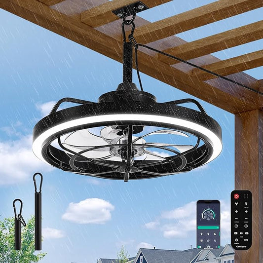 Outdoor Ceiling Fan with Light for Patio, 20" Waterproof All-Weather Plug-in Hanging Fan, Smart APP/Remote Control, 3CCT Dimmable LED, Caged Design for Gazebo, Pergola, Porch