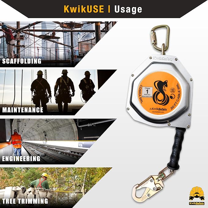 KwikSafety - Charlotte, NC - Cobra 20' KIT [Cable Self Retracting Lifeline + 3FT Cross Arm Strap + Roof Anchor] Class 1 SRL ANSI OSHA Retractable Fall Arrest Construction Roofing PPE Gear