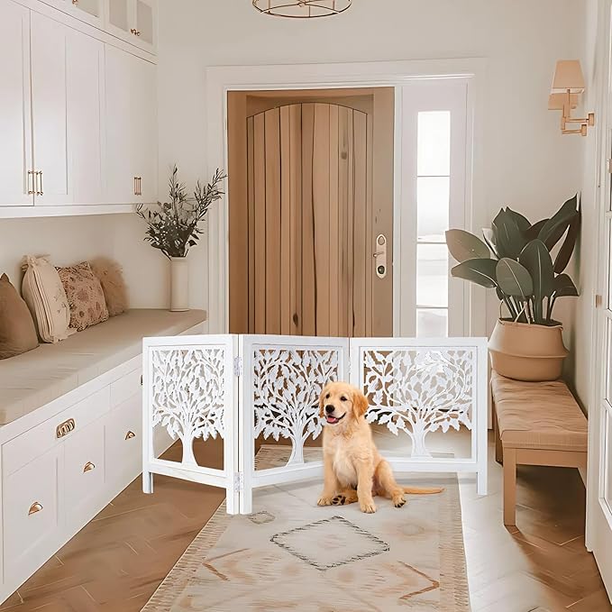 Foldable Wooden Dog Gate 3 Panel 24" Height x 60" Wide Tree Design, Free Standing Pet Fence for Doorways, Indoor Decorative Dog Gate for House, Extra Wide White Puppy Barrier,Pre-Assembled, Easy Setup