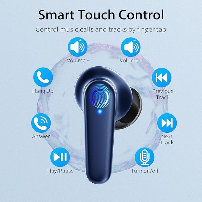 Wireless Ear Buds Bluetooth 5.3 60H Using Time Headphones Deep Bass Clear Call Earbuds with Built-in Mic Touch Control Lightweight Headsets for Studying Working Gaming Blue