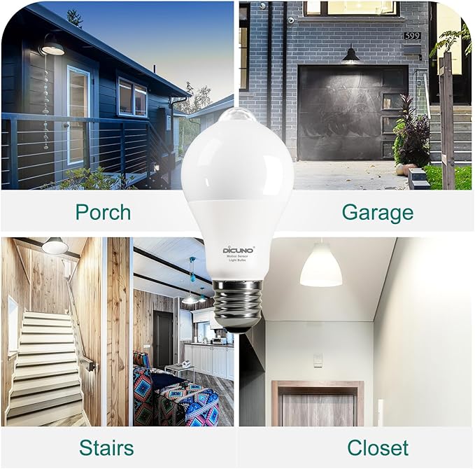 DiCUNO PIR Motion Sensor Light Bulbs Outdoor, 8W (60W Equivalent), Motion Activated Dusk to Dawn Security LED Bulb, for Front Porch, Front Door, 810LM, 5000K Daylight White, 2 Pack