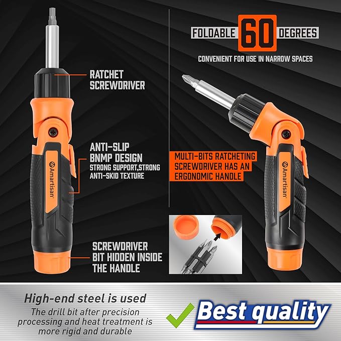 Amartisan 12-in-1 Multi Bit Screwdriver, Ratchet Screwdriver, 60-Degree Adjust Precision Screw Driver, Slotted/Philips/Torx/Square/Hex
