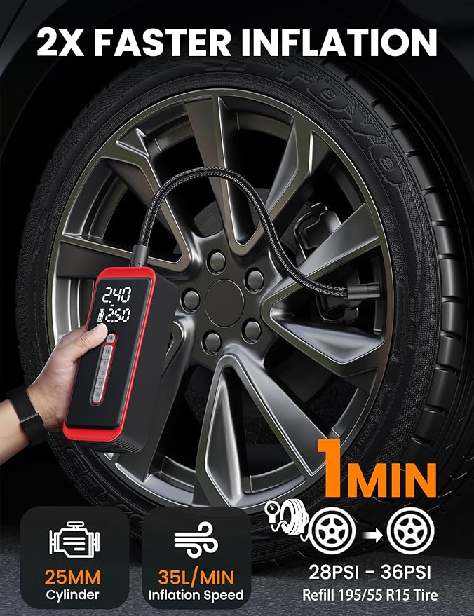 ROTOPATA Electric Tire Inflator Portable Air Compressor 12V DC, 150PSI Cordless Air Pump with LED Light & Digital Pressure Gauge for Car Bike Motorcycle Wheel Ball Inflatable(Red)