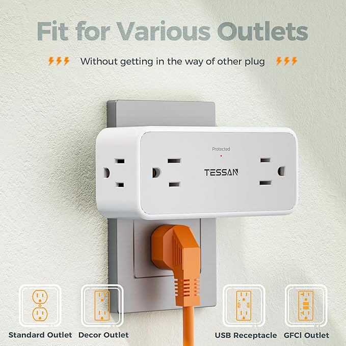 Surge Protector Outlet Extender, TESSAN Multi Plug Wall Outlet with 4 Widely Spaced Adapter, 900J Wall Charger, Multiple Plug Splitter for Home Office Kitchen Dorm Room Essentials