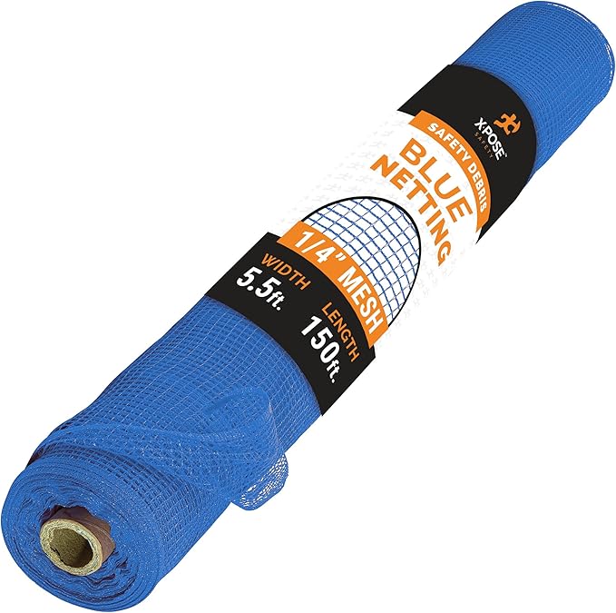 Construction Safety Debris Netting - 150 Ft Temporary Material Roll, 1/4" Mesh Scaffold Net Enclosure, Barricade, Visibility Barrier, Fencing Roll, Heavy Duty Fire Retardant 5.5 x 150 ft, Blue