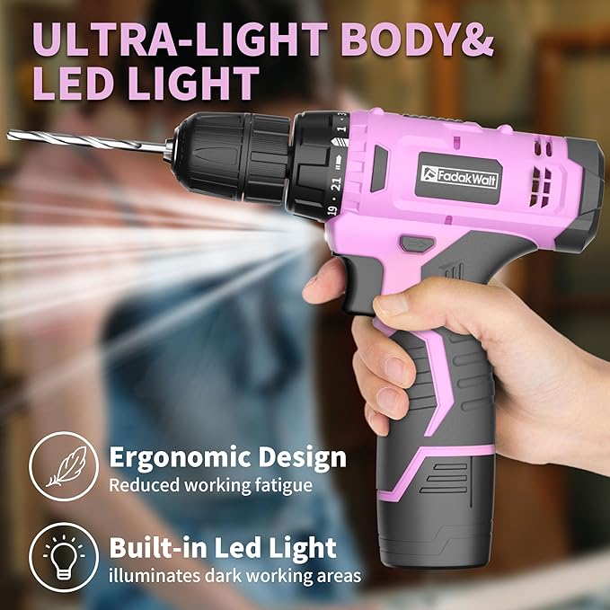 Cordless Drill Set, 12V Power Drill Set with Battery and Charger, 3/8'' Keyless Chuck, 21+1 Torque Setting, 180 inch-lbs, Pink Electric Drill for Women's Garden DIY Projects（Pink)