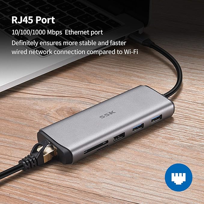 SSK USB C Hub, 8-in-1 Type C Multiport Hub to HDMI Adapter with RJ45 Ethernet, 4K30Hz HDMI, PD3.0 Powered, 3 USBs, SD/TF Card Reader USB C Dock for MacBook/Pro/Air and More