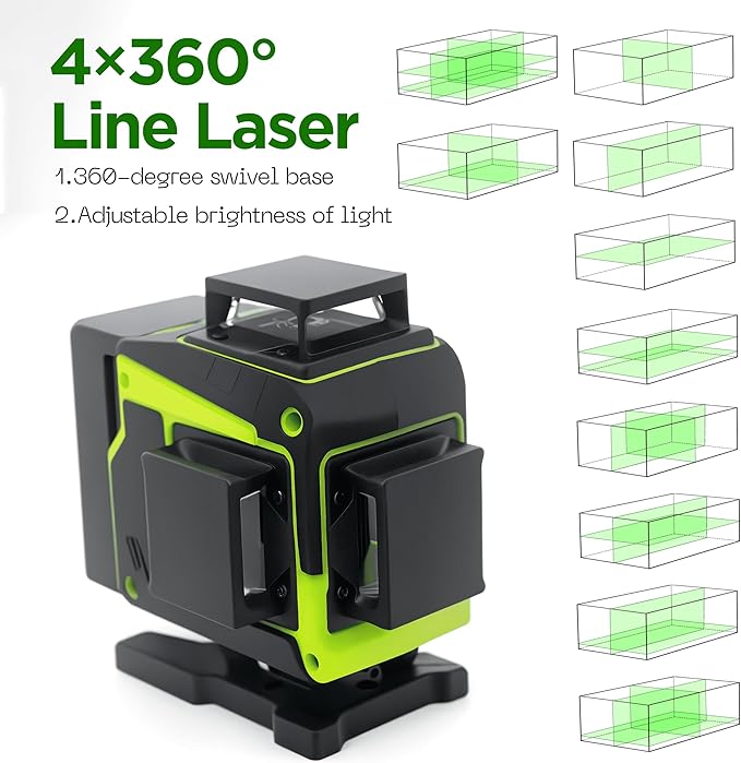Laser Level 360 Self Leveling,4x360° 16 Lines 4D Green Cross Line Laser with 2 Batteries, Adjustable Brightness & Remote Control for Construction, Tiling, and Picture Hanging