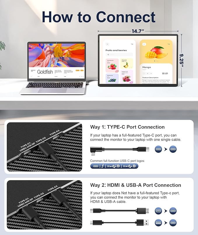 16.1" Portable Monitor, 1200P FHD Laptop Screen Extender, 360° Rotating Detachable Stand, Plug&Play Dual Monitor, Ultra-Thin Zero Frame Portable Screen for Laptop/PC/Mac/Windows/PS5